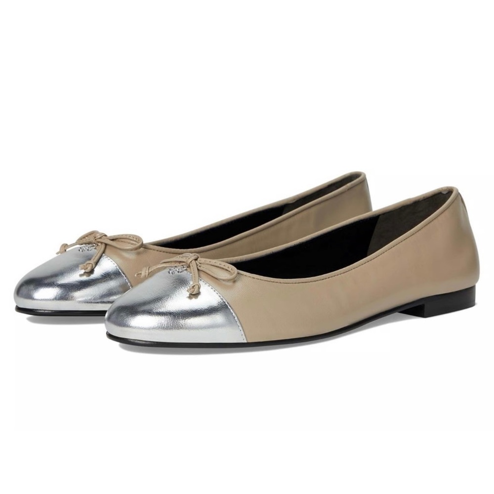 TORY BURCH FLAT CAP-TOE BALLET SHOES OYSTER/SILVER SIZE 7.5